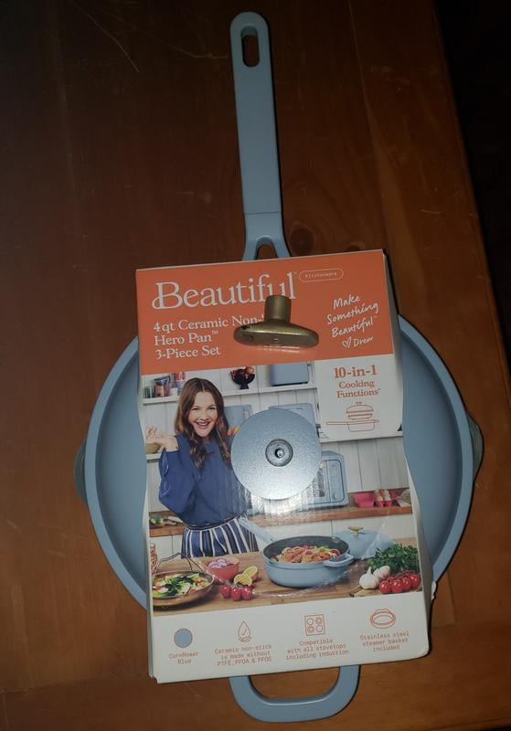 Beautiful All-in-One 4 QT Hero Pan with Steam Insert, 3 Pc Set, Sage Green  by Drew Barrymore