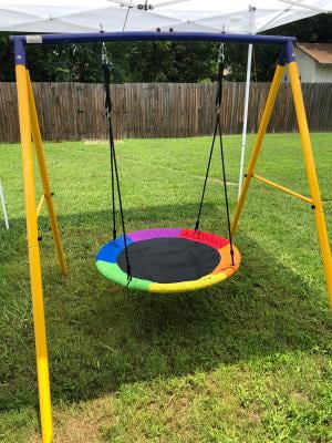 Saucer Tree Swing FOME 40inches Hanging Round Swing 900D Oxford Outdoor Swing 330 lbs Weight Capacity Tree Swing Seat Easy Install Steel Frame Protective Swing Cover for Kids Teens Adults