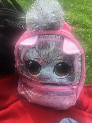 L.O.L Surprise Kitty Queen Pink//Silver Sequin Backpack with 3D Ears and Pom Pom