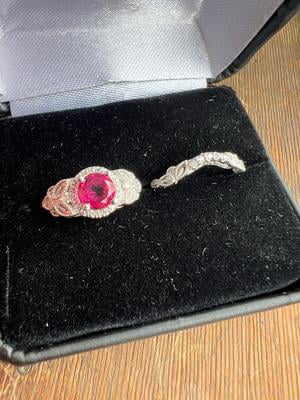 1.25 Carat Ruby & Diamond Vintage floral Bridal Set Engagement