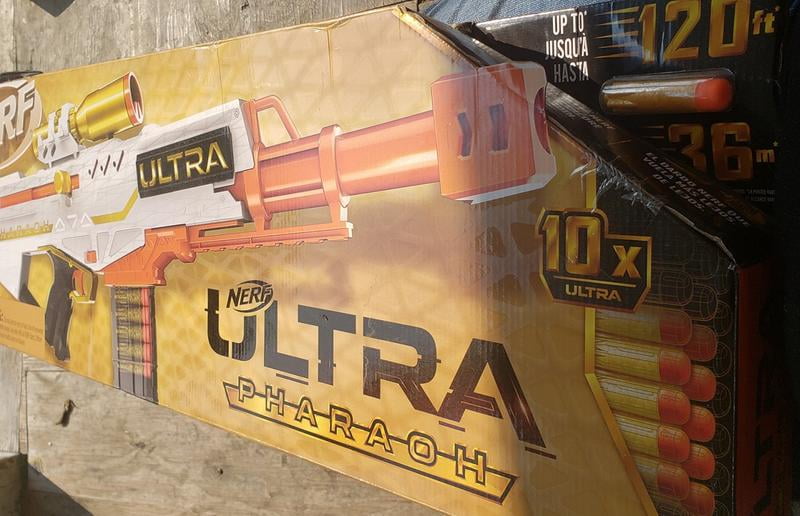Material: Plastic NERF Ultra Pharaoh Blaster with Premium Gold Accents,  Child Age Group: 8 And Above