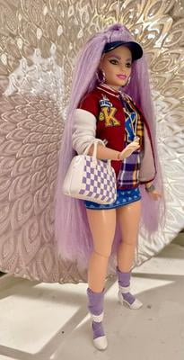 Barbie Extra Fashion Doll with Lavender Hair, Stylish Checkered