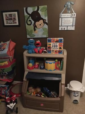 step two toy box with shelf