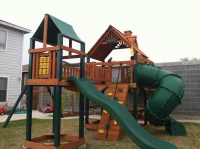 wooden swing set with bridge