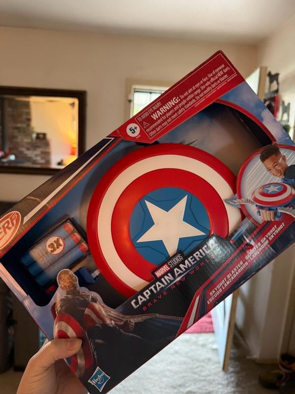 Nerf Skyshot Captain America - Blaster Bouclier Avec 3 Fléchettes - Sangle Poignet - Cadeau Enfant Dès 5 Ans