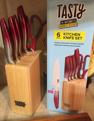 Tasty 6 Piece Prep Knife Block Set, Cutlery Set with Stainless Steel  Blades, Red 