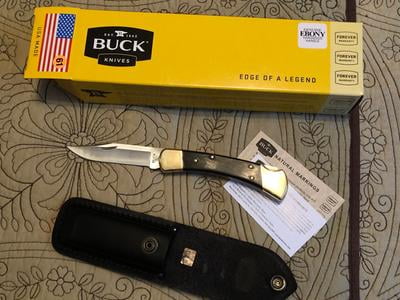 Buck 110 Folding Hunter 3.75 Blade, Ebony Wood Handles, Lockback, Leather  Sheath - KnifeCenter - 9210