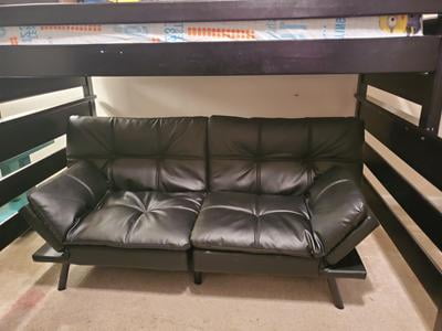 Black Faux Leather Sturdy Mainstay Convertible Double Duty Wooden Frame Split Seat and Foldable Bed in One Memory Foam Futon with Polyester Allergy Relief Pillow