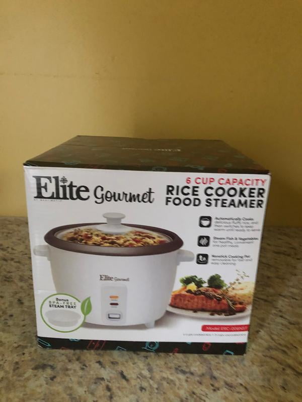 Elite Gourmet ERC-006NST# Electric Rice Cooker with Non Stick Inner Pot  Makes Soups, Stews, Grains, Cereals, Keep Warm Feature, 6 Cups, White