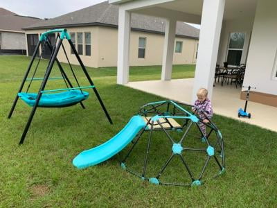 plum climbing frame and slide