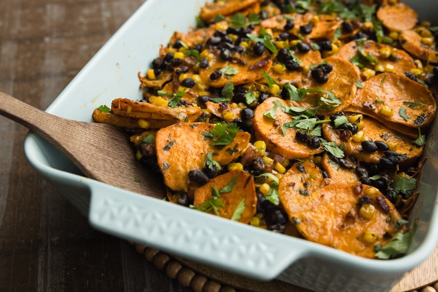 Cheesy sweet potato and black bean casserole