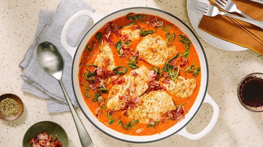 Creamy tomato chicken with bacon & spinach