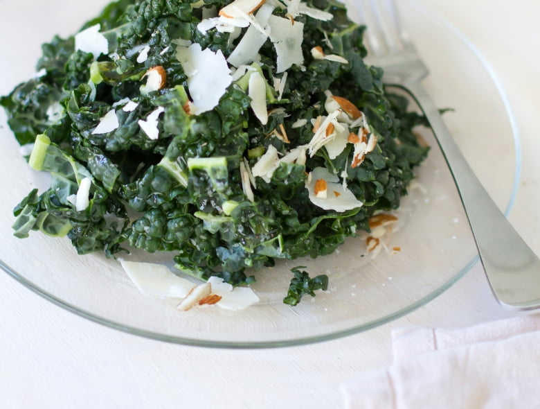 Kale salad with warm cherry shallot vinaigrette