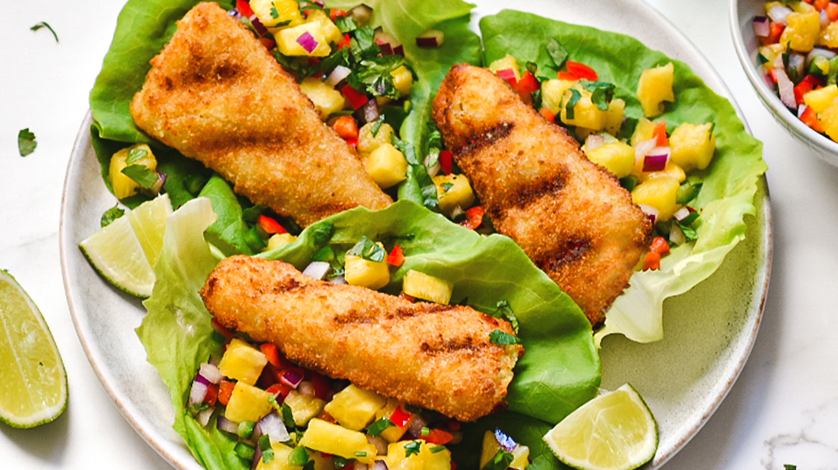 Grilled fish and pineapple salsa lettuce wraps