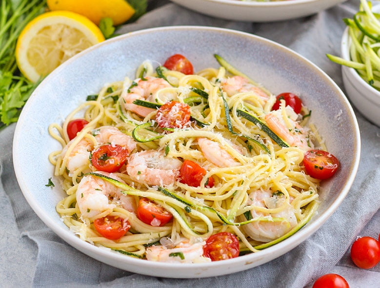 Shrimp spaghetti with zucchini noodles and tomatoes Recipe