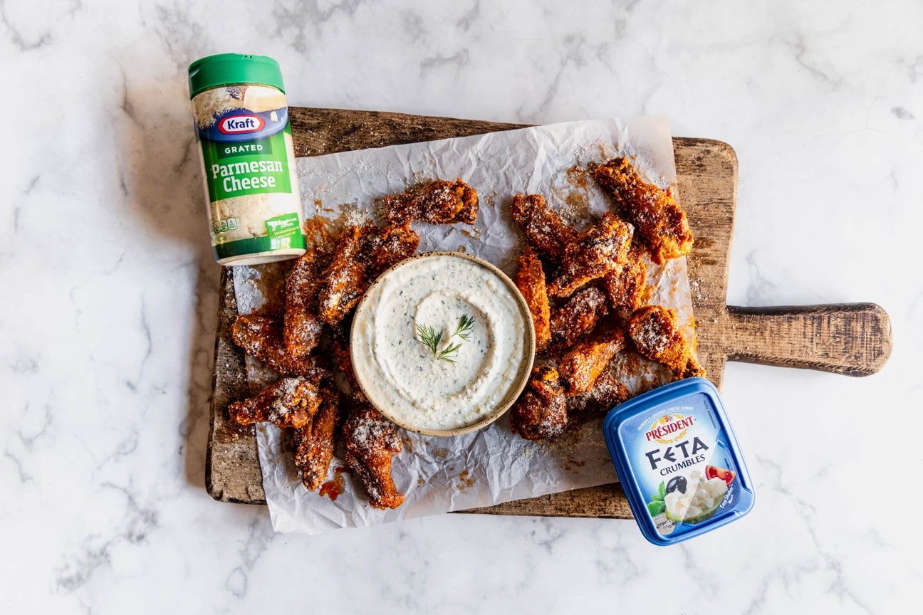 Garlic parmesan buffalo chicken wings with feta dip