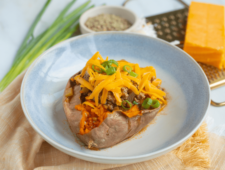 Turkey chili stuffed sweet potatoes