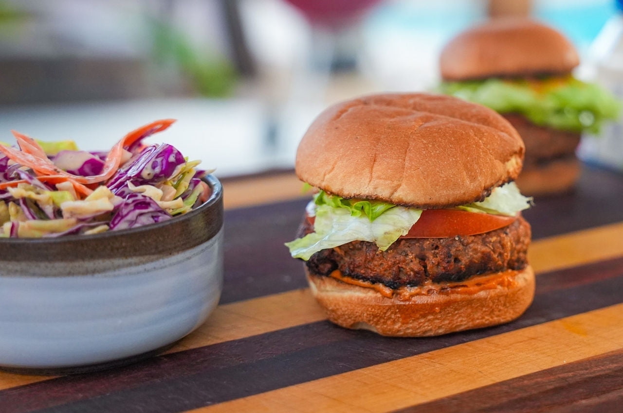 Charbroiled springtime burger with creamy coleslaw 