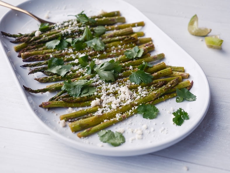 Lime and cumin roasted asparagus with cotija