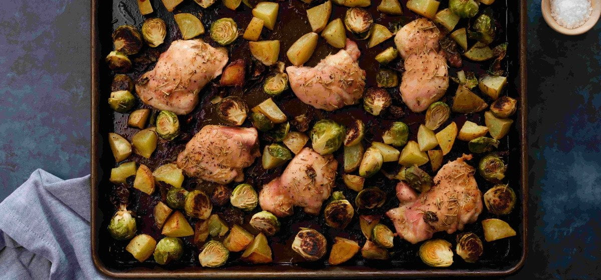 Sheet pan mustardmaple chicken thighs with potatoes and brussels sprouts Recipe
