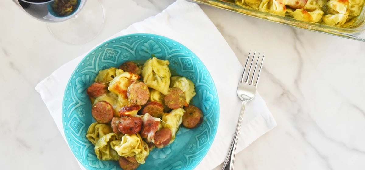 No-Boil pesto tortellini bake