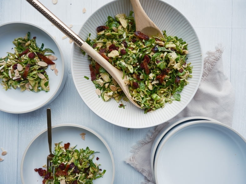 Shaved Brussels sprouts with candied bacon & cranberry