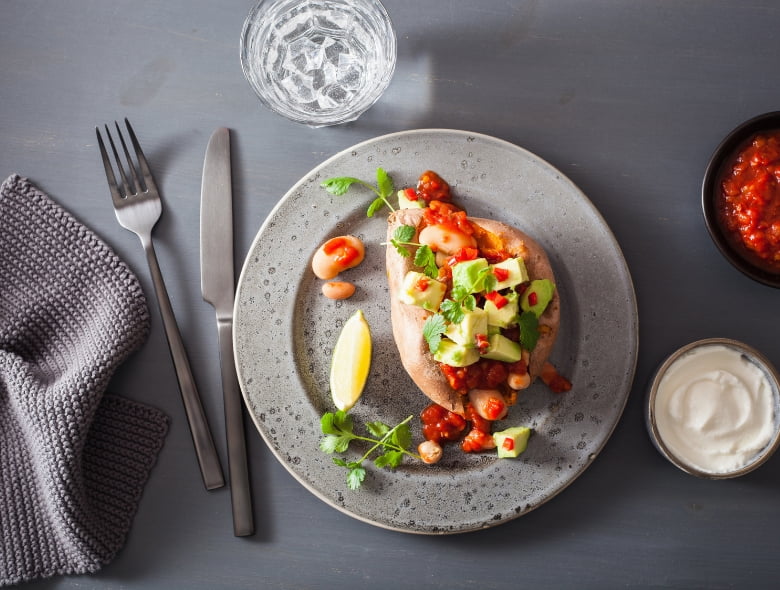 Stuffed baked potatoes with beans and salsa
