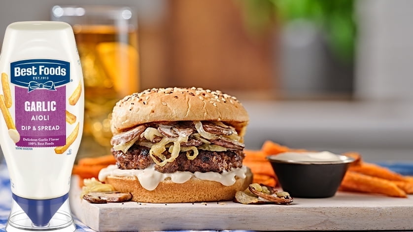Juicy Garlic Burger with Mushrooms & Onions