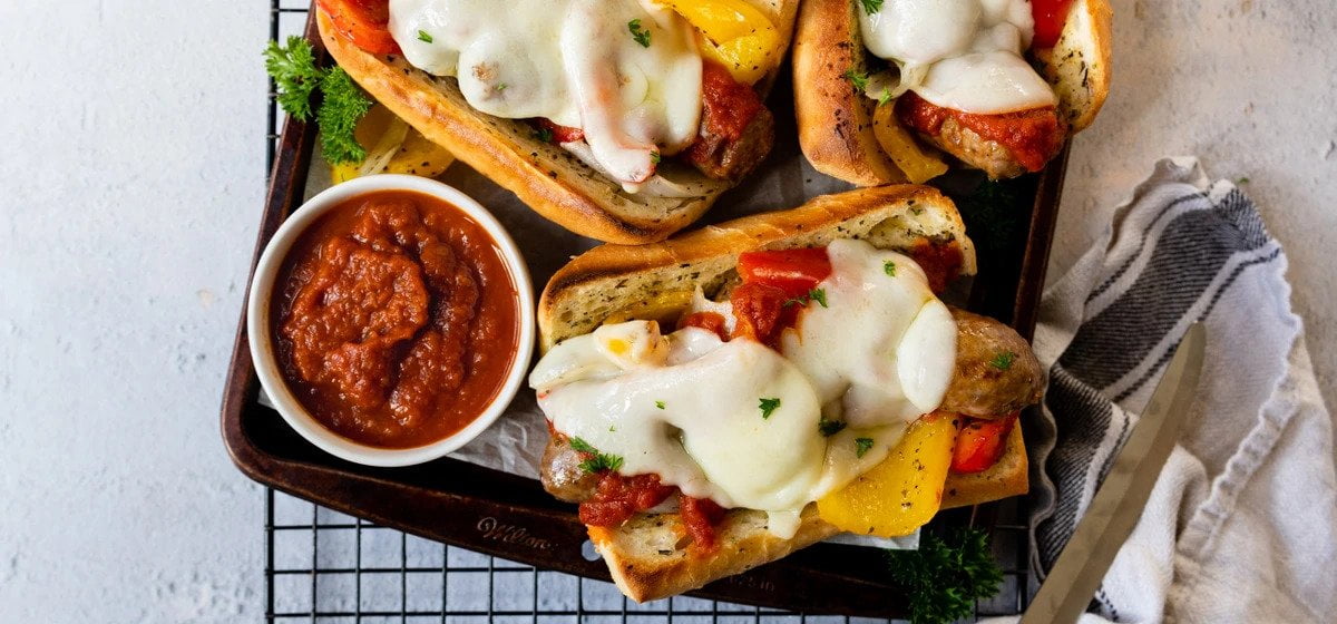 Sheet pan italian sausage and pepper hoagies