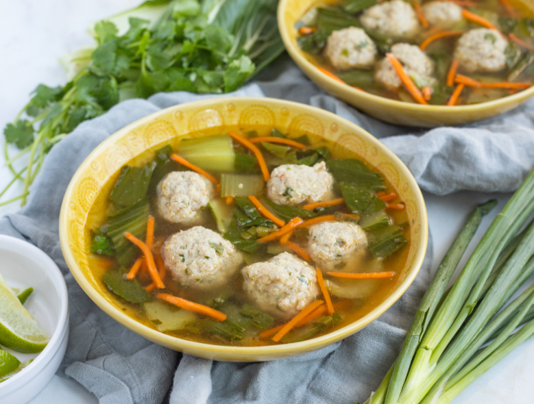 Turkey meatball wonton soup with bok choy & carrots