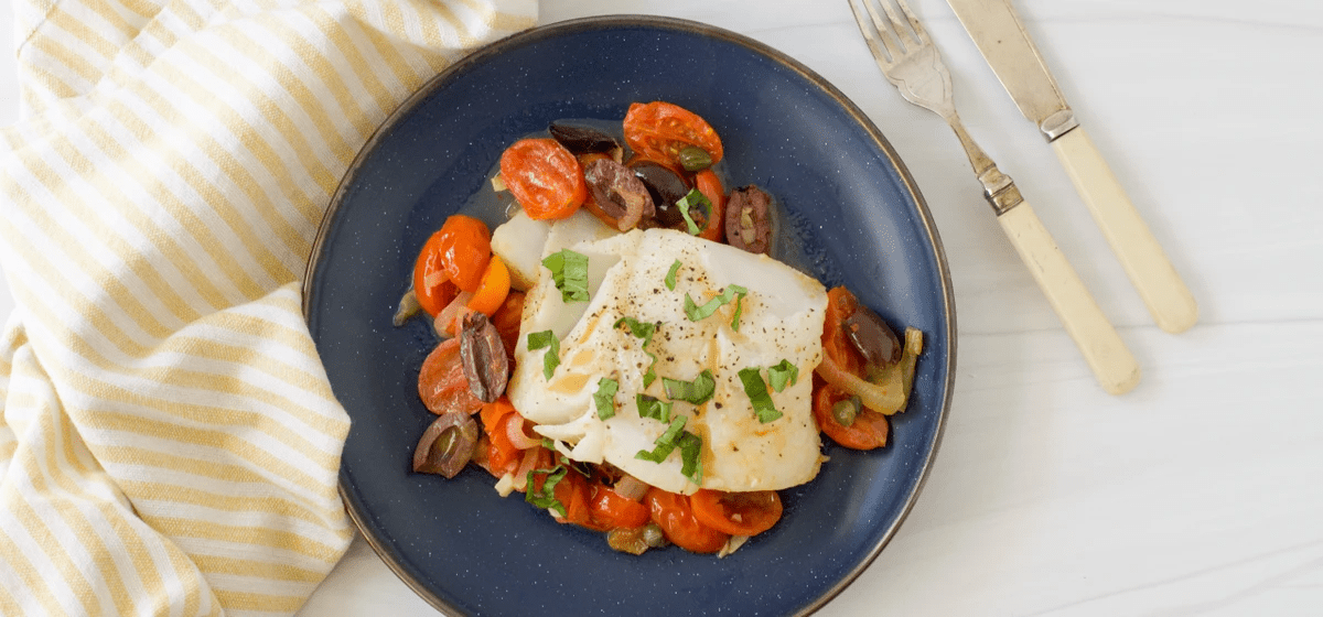 Cod stew with tomatoes, olives, and capers