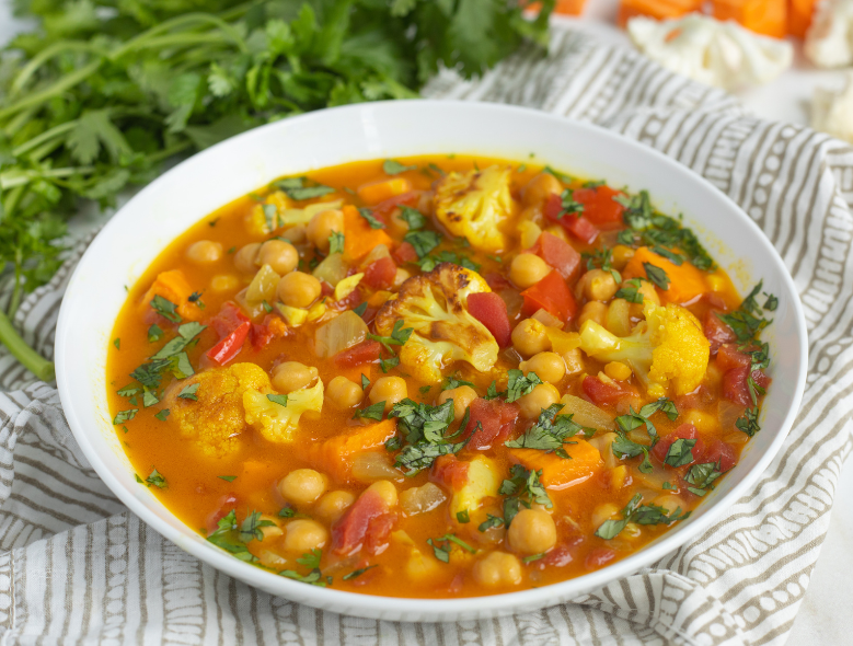 Curried chickpea stew with roasted vegetables