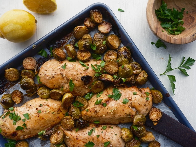 Sheet pan balsamic chicken and brussels sprouts