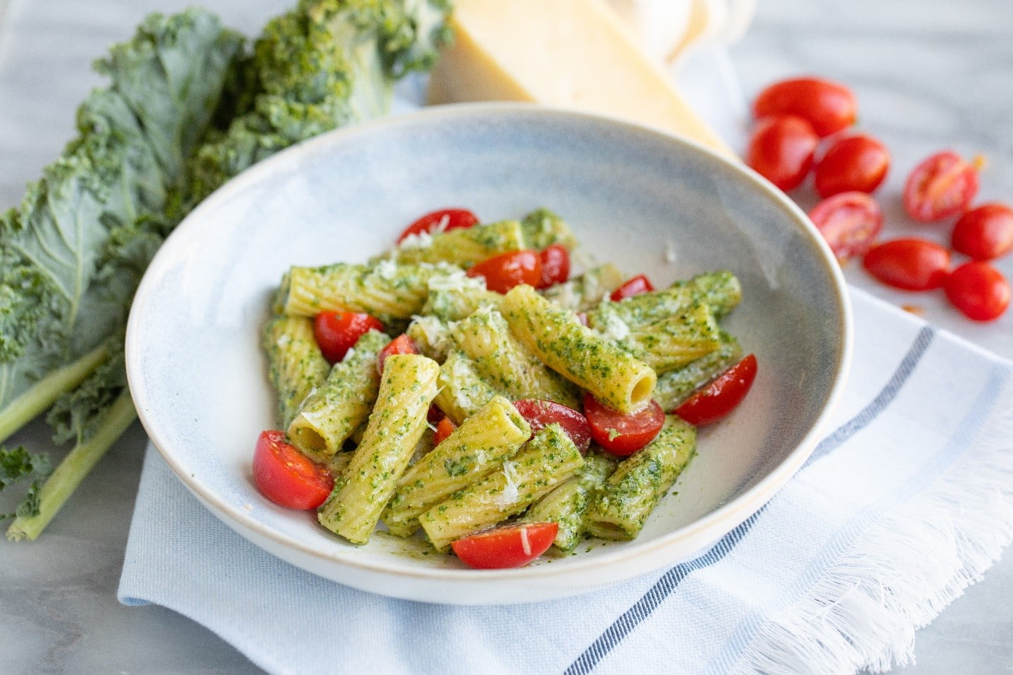 Kale parmesan pesto rigatoni