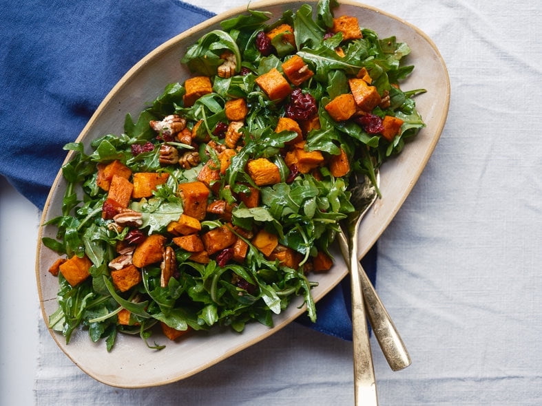 Roasted sweet potato and arugula salad