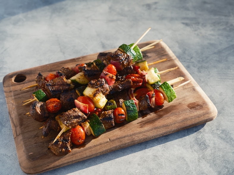 Grilled steak and vegetable kebabs
