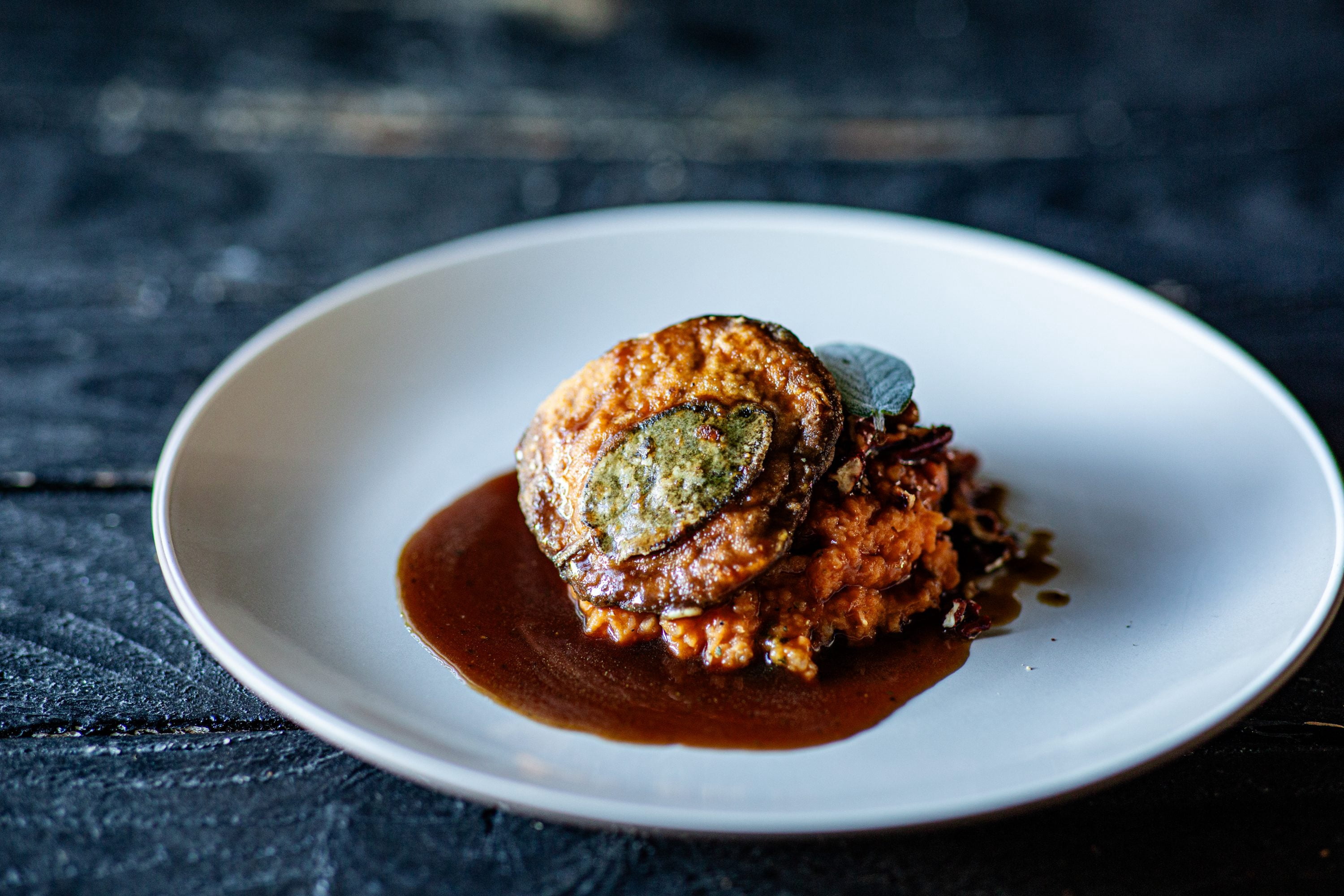 Crispy Sage & Onion Portabella Mushroom with Whipped Sweet Potatoes and Shallot Herb Gravy