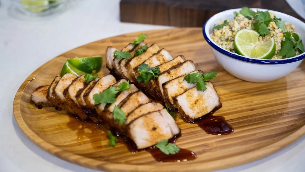 Brown sugar & soy glazed pork with elote salad Recipe