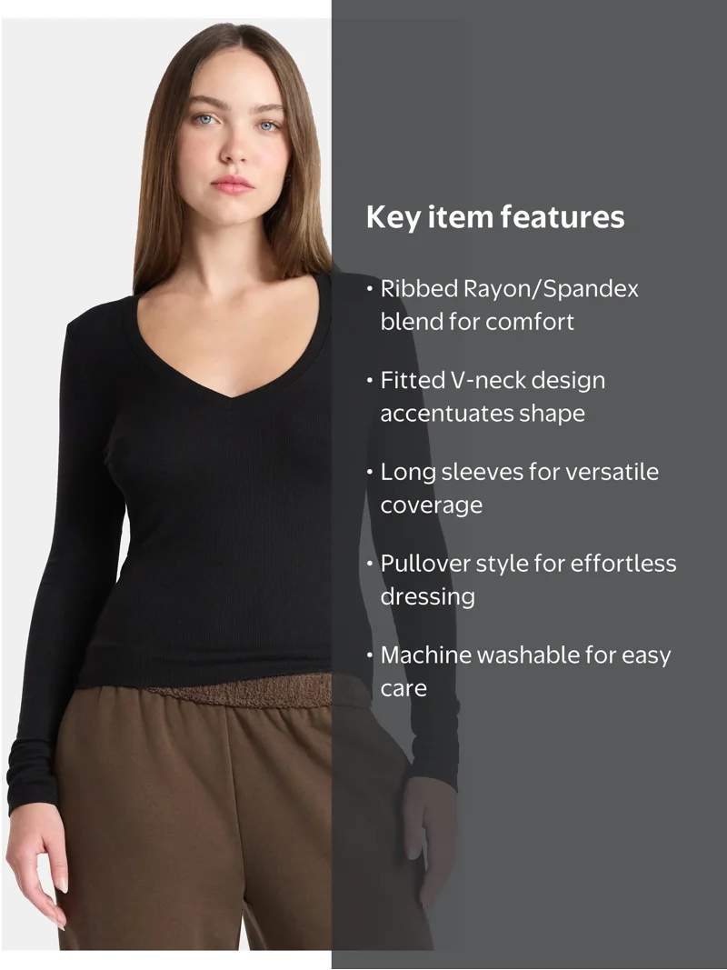 No Boundaries V-Neck Ribbed Top with Long Sleeves, Women's