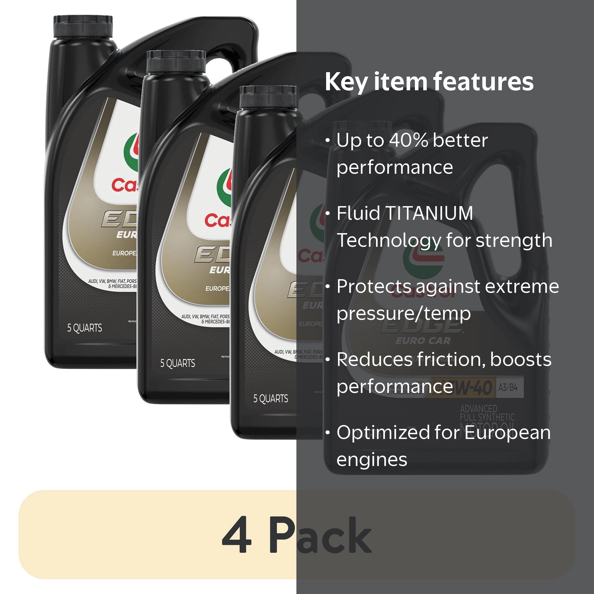 4 pack) Castrol EDGE Euro 5W-40 A3/B4 Advanced Full Synthetic