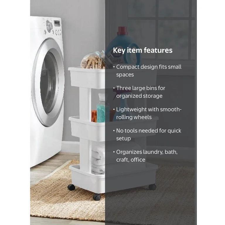 Mainstays 3-Tier Plastic Rolling Laundry Cart, Arctic White, 17.3W