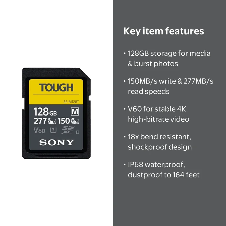 Sony, Flash Memory Card, SF-M Series Tough 128GB, V60 for 4K Video