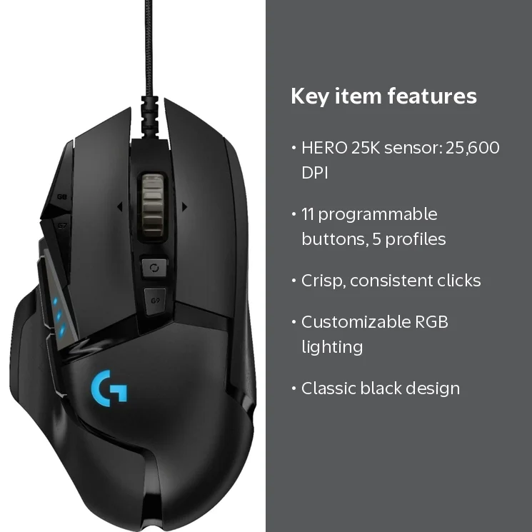 Logitech, G502 HERO Wired Optical Gaming Mouse, RGB, Black Logitech, G502 HERO Wired Optical Gaming Mouse, RGB, Black