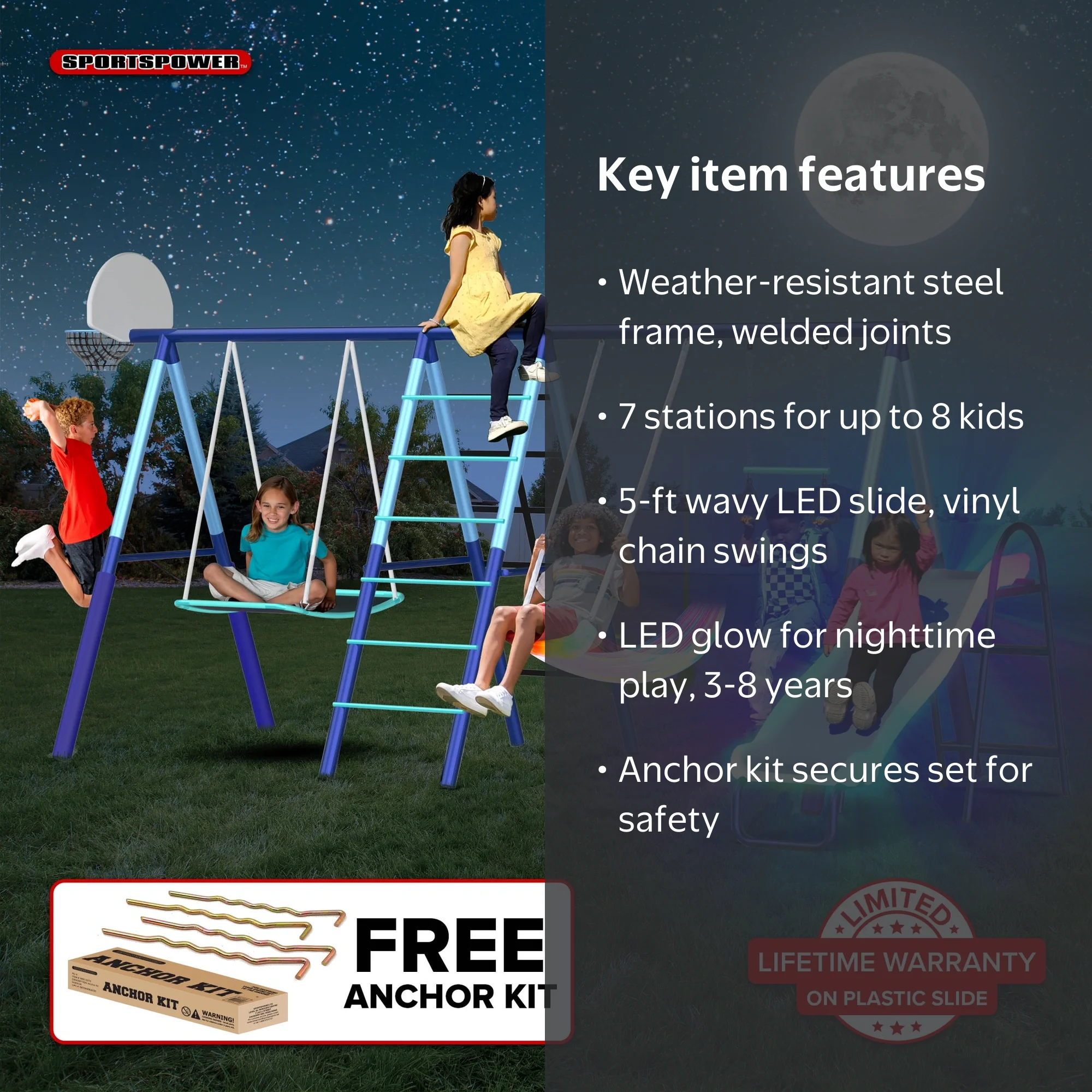 Sportspower Ramona 7-in-1 Outdoor Swing Set with Light-Up Slide
