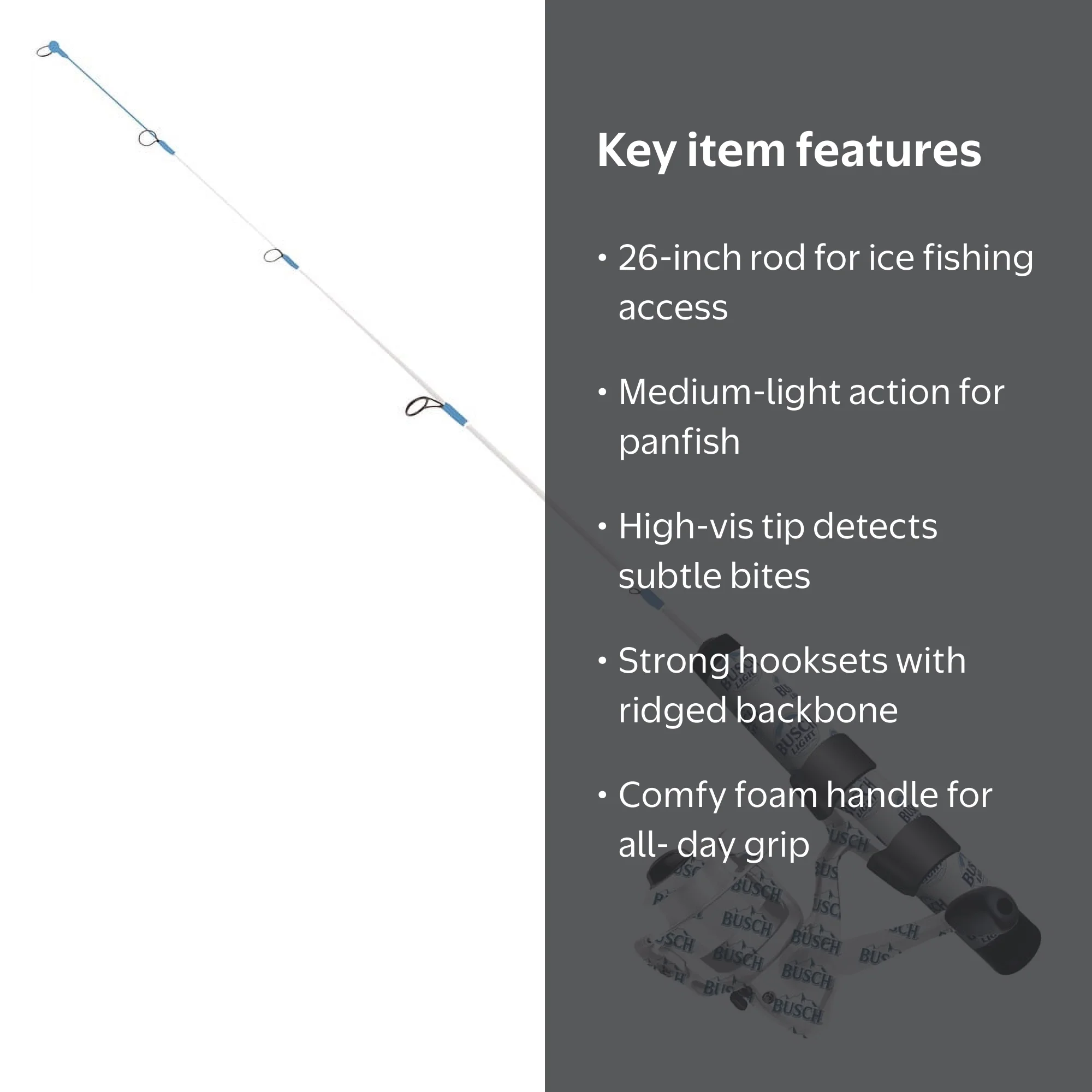 busch light fishing pole Bottle Bobbers sensitive rod Medium light action Bright tip for quickly detecting nibbles Ridged backbone for better traction and hooksets Foam rod handle Reel is pre Busch Light Fishing Pole |