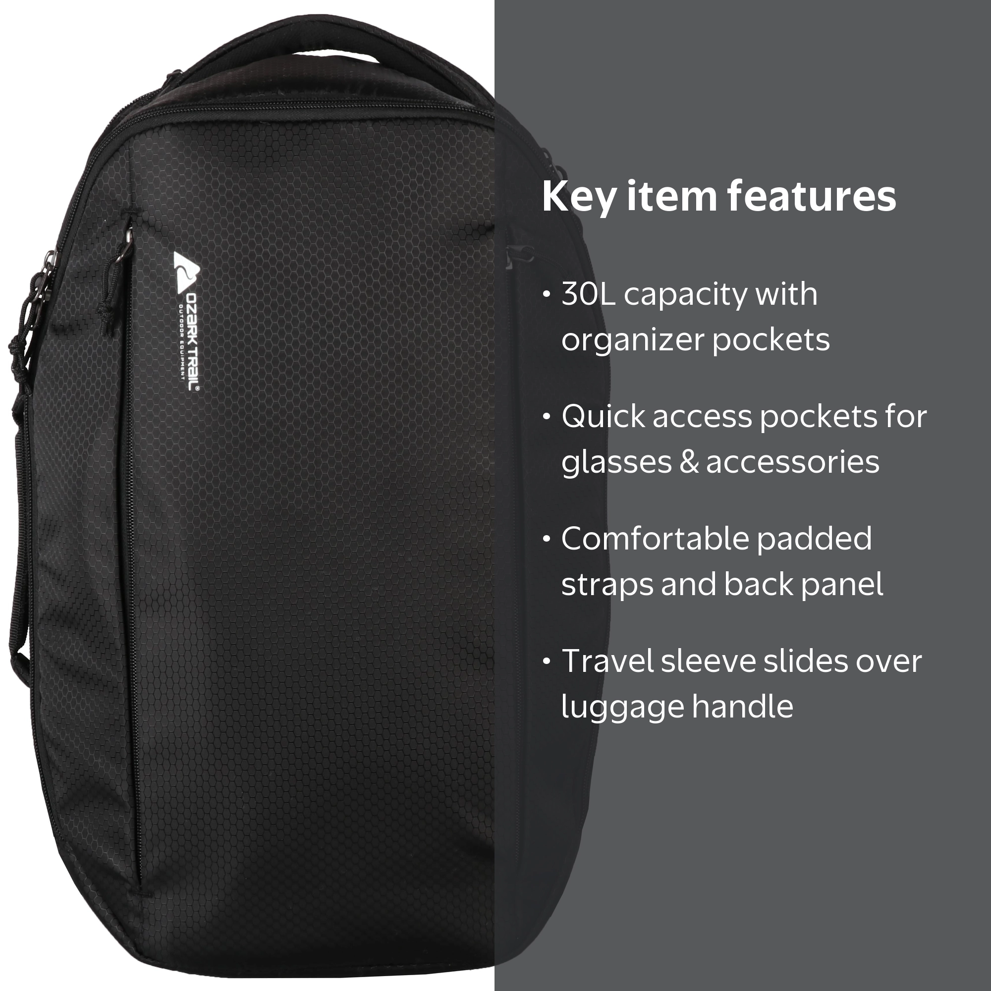 Ozark Trail, Commuter Backpack, 30L, Black with Laptop Compartment