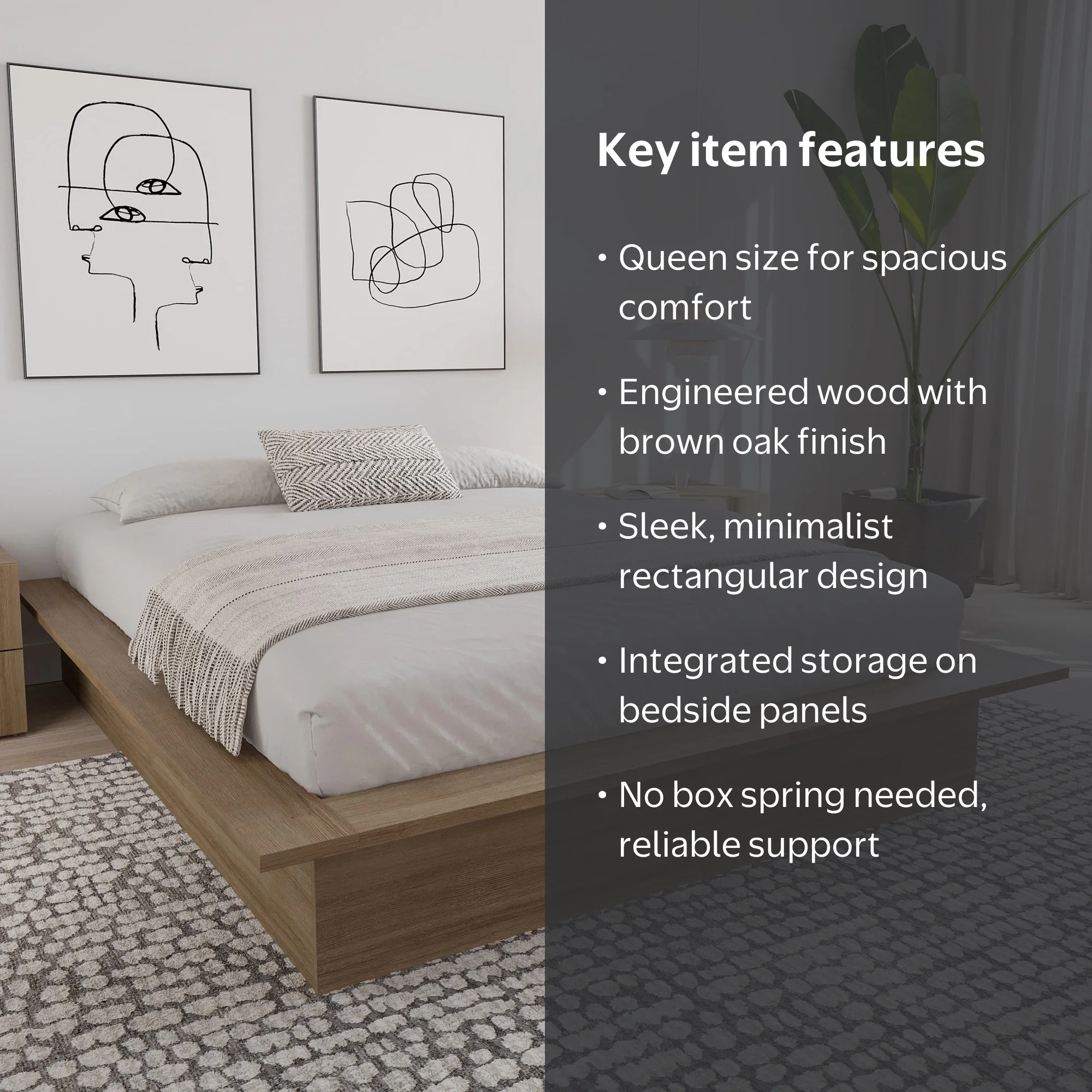 Nexera Malibu Queen Platform Bed Frame, Brown Oak, Engineered Wood