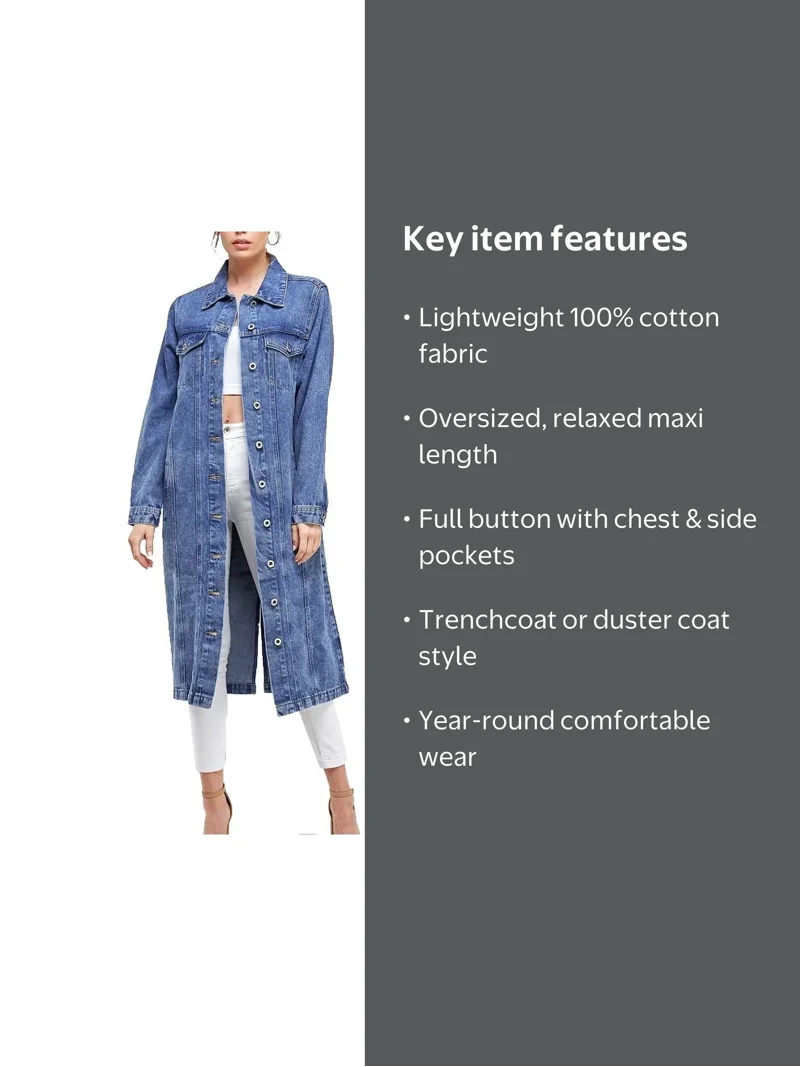 Women's Stylish Oversized Longline Maxi Denim Jacket, 100% Cotton