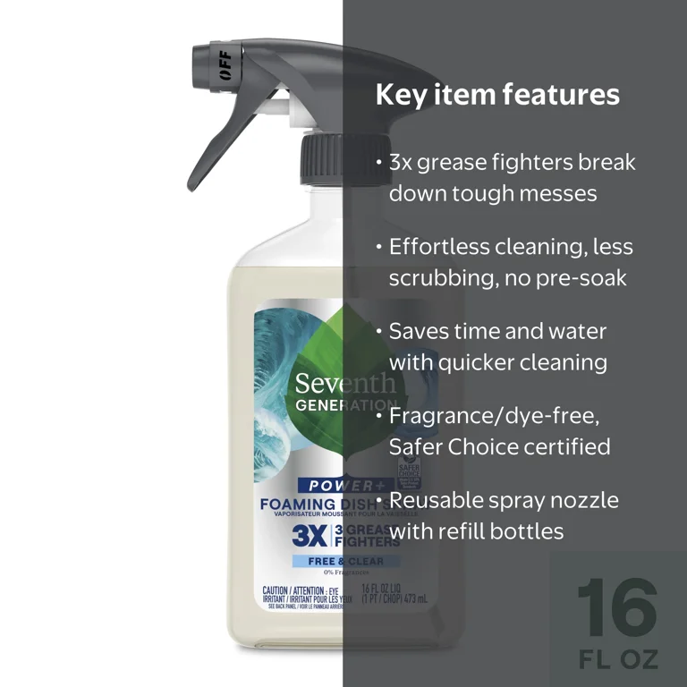 Seventh Generation Foaming Dish Soap Spray, Free & Clear, 16 fl oz