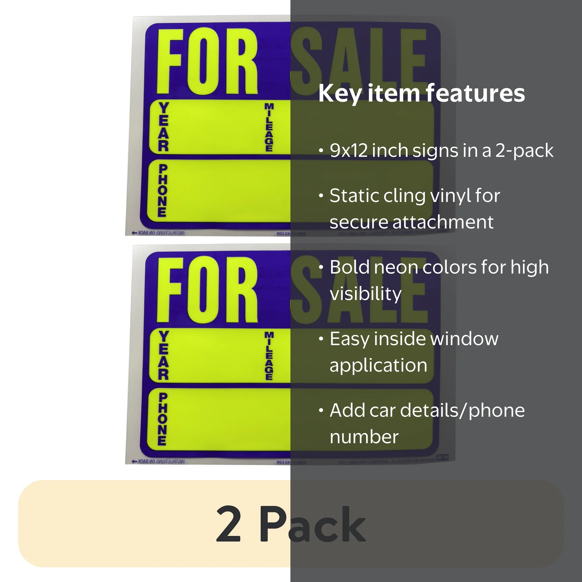 HY-KO 2 Pack 9x12 Auto For Sale Static Cling Vinyl Sign Neon